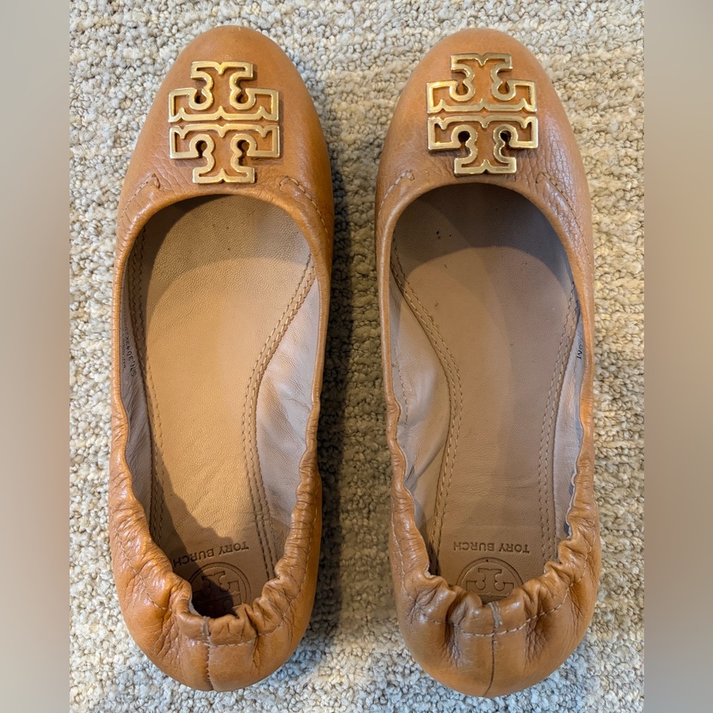 Tory Burch Brown Leather Flats with Gold Logo